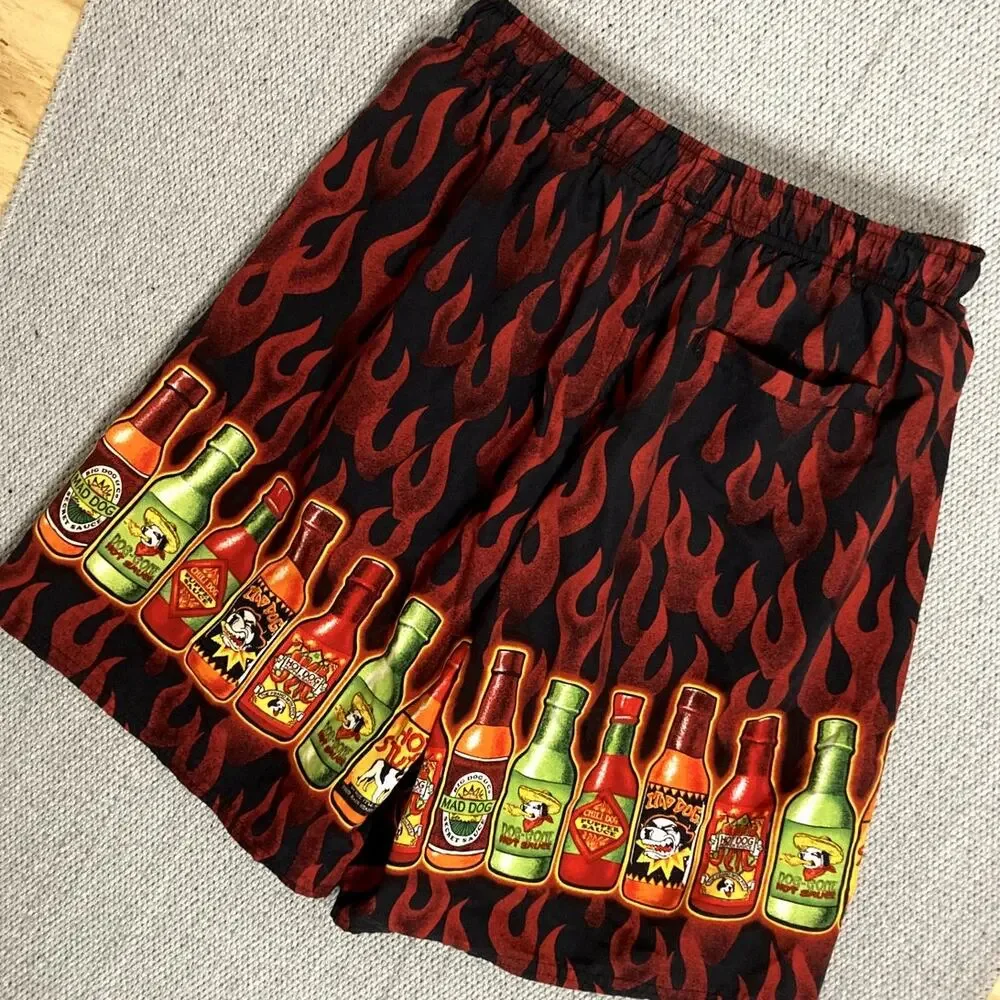 Vtg Big Dog‎ Board Shorts Men's Medium Red Hot Sauce Flames Beach Party